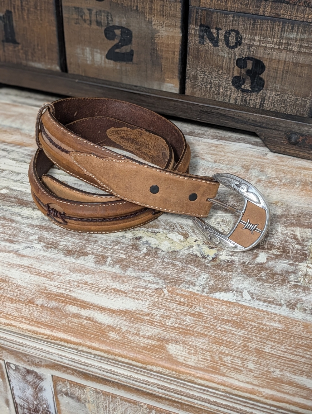 Justin Western Leather Belt Size 38 Braided Barbed Wire Look Removable Buckle